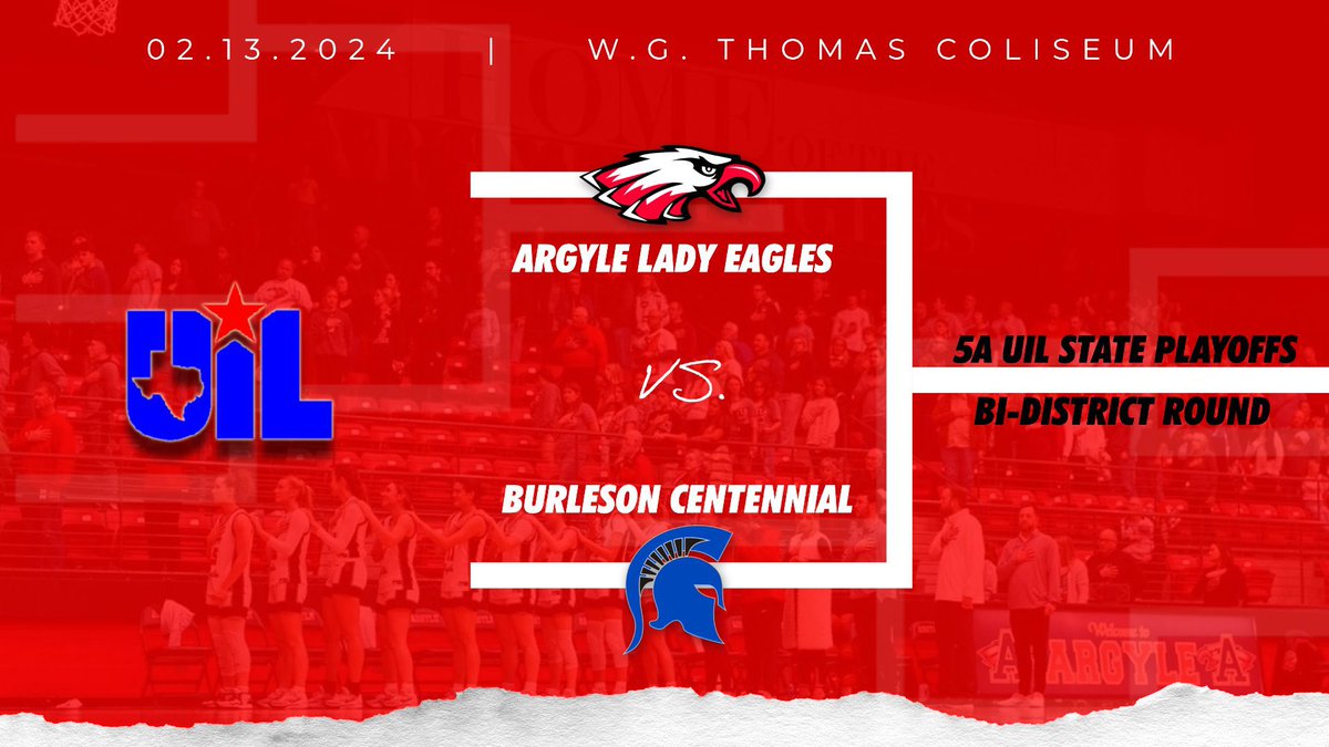 Argyle Lady Eagles Basketball (@ahsladyeagles) on Twitter photo ‼️BI-DISTRICT PLAYOFF‼️
🚨🚨GAME DAY🚨🚨
🆚Burleson Centennial
📆TODAY!!!
⌚️6:00pm
📍W.G. Thomas Coliseum
🎟️ birdvilleschools.net/domain/4957 (or cash/card at the door)
📺 youtube.com/@bisdcoliseum5… or NFHS Network
🎧webca.st/244946
#Tradition 🦅🏀
<a href="/ArgyleSports/">Argyle Eagles Booster Club</a> <a href="/ArgyleISD/">Argyle ISD</a> ‼️BI-DISTRICT PLAYOFF‼️
🚨🚨GAME DAY🚨🚨
🆚Burleson Centennial
📆TODAY!!!
⌚️6:00pm
📍W.G. Thomas Coliseum
🎟️ birdvilleschools.net/domain/4957 (or cash/card at the door)
📺 youtube.com/@bisdcoliseum5… or NFHS Network
🎧webca.st/244946
#Tradition 🦅🏀
<a href="/ArgyleSports/">Argyle Eagles Booster Club</a> <a href="/ArgyleISD/">Argyle ISD</a>