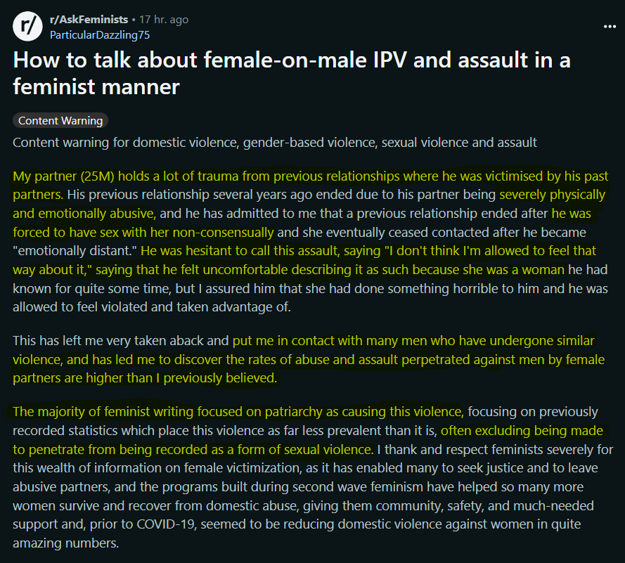 men_are_human's tweet photo. #Feminist asks the cult how she can rationalise the fact her male partner was severely abused, traumatised, and RAPED by a woman.

You know, considering the fact that #Feminism openly and rabidly denies this reality.

Tries to make it about women.

https://t.co/HcNSN8tQSN https://t.co/aZOQBHuDqi