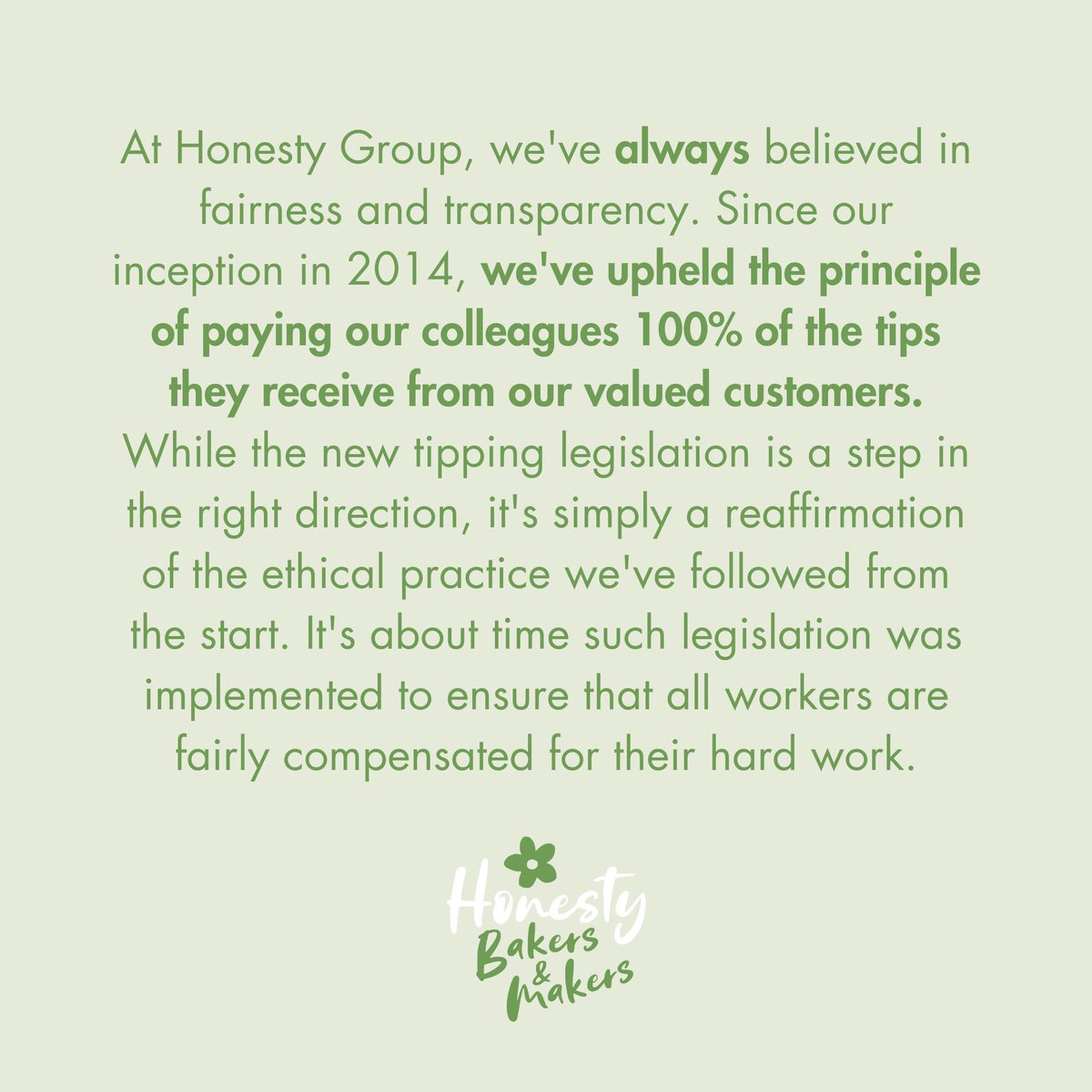 At Honesty Group, we’ve always believed in fairness and transparency. Since our inception in 2014, we’ve upheld the principle of paying our colleagues 100% of the tips they receive from our valued customers. #FairnessAndTransparency #EthicalPractices #WorkerCompensation