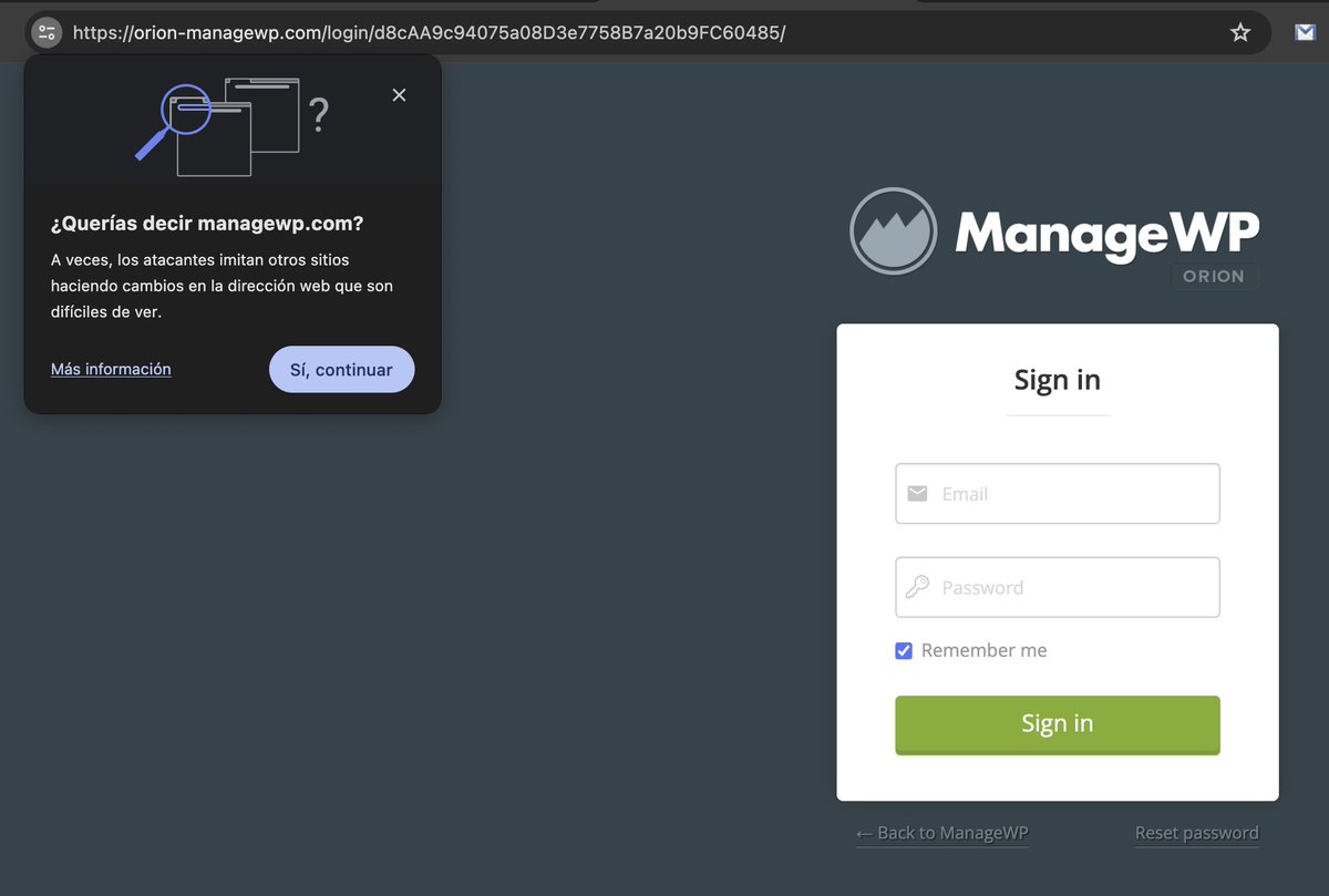 fernandot's tweet photo. ¡PELIGRO= PHISHING EN GOOGLE ADS!

Al hacer la búsqueda de managewp

1. Sale un resultado de manage-wp . com falso, el bueno es https://t.co/V2W7iacZem
2. El resultado lleva a un login falso de ManageWP orion-managewp en vez de orion.managewp https://t.co/zG2OTlbI7P