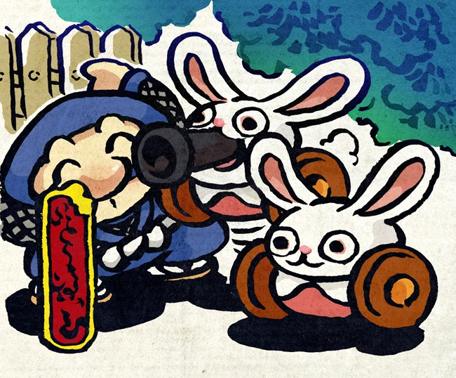 がんばれゴエモンのイラスト描く。エビス丸とウサグルマ。