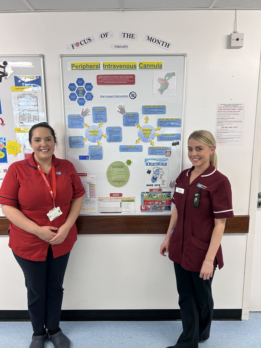 Clinical Educator Hannah and Ward Sister Monica with their excellent focus of the month board- February -raising awareness of the importance of Peripheral intravenous Cannula care in reducing HCAI’s 😊#TeamNeurology