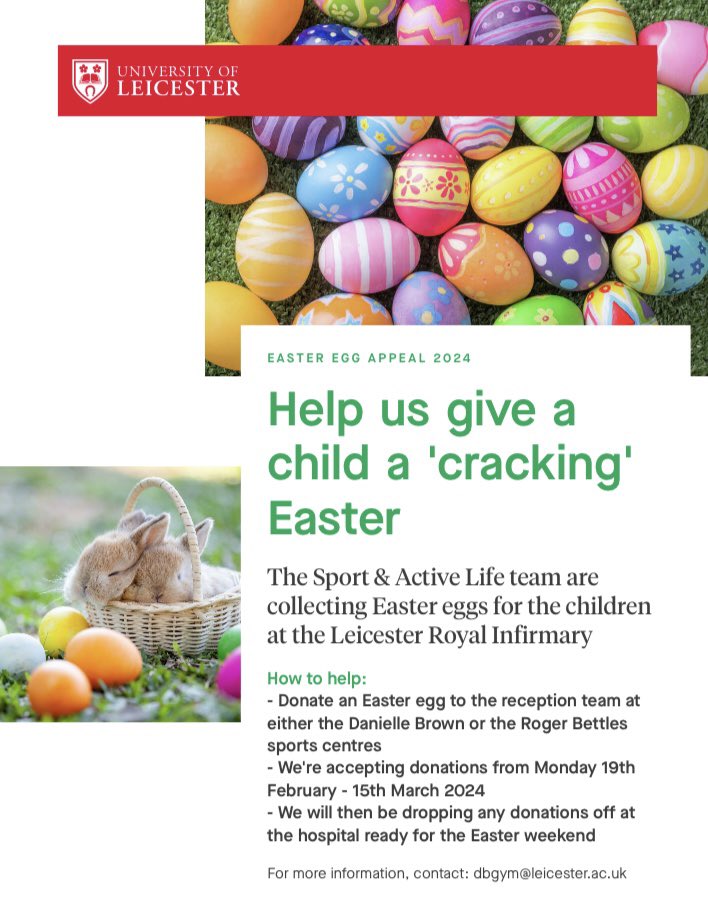 Help us give a child a ‘cracking’ Easter 🐣 We are collecting Easter Eggs for children at the Leicester Royal Infirmary 🏥 🗓️ Monday 19 February - Friday 15 March 📍 Donate at: the Danielle Brown Sport Centre or the Roger Bettles Sports Centre #Easter #EasterEggs