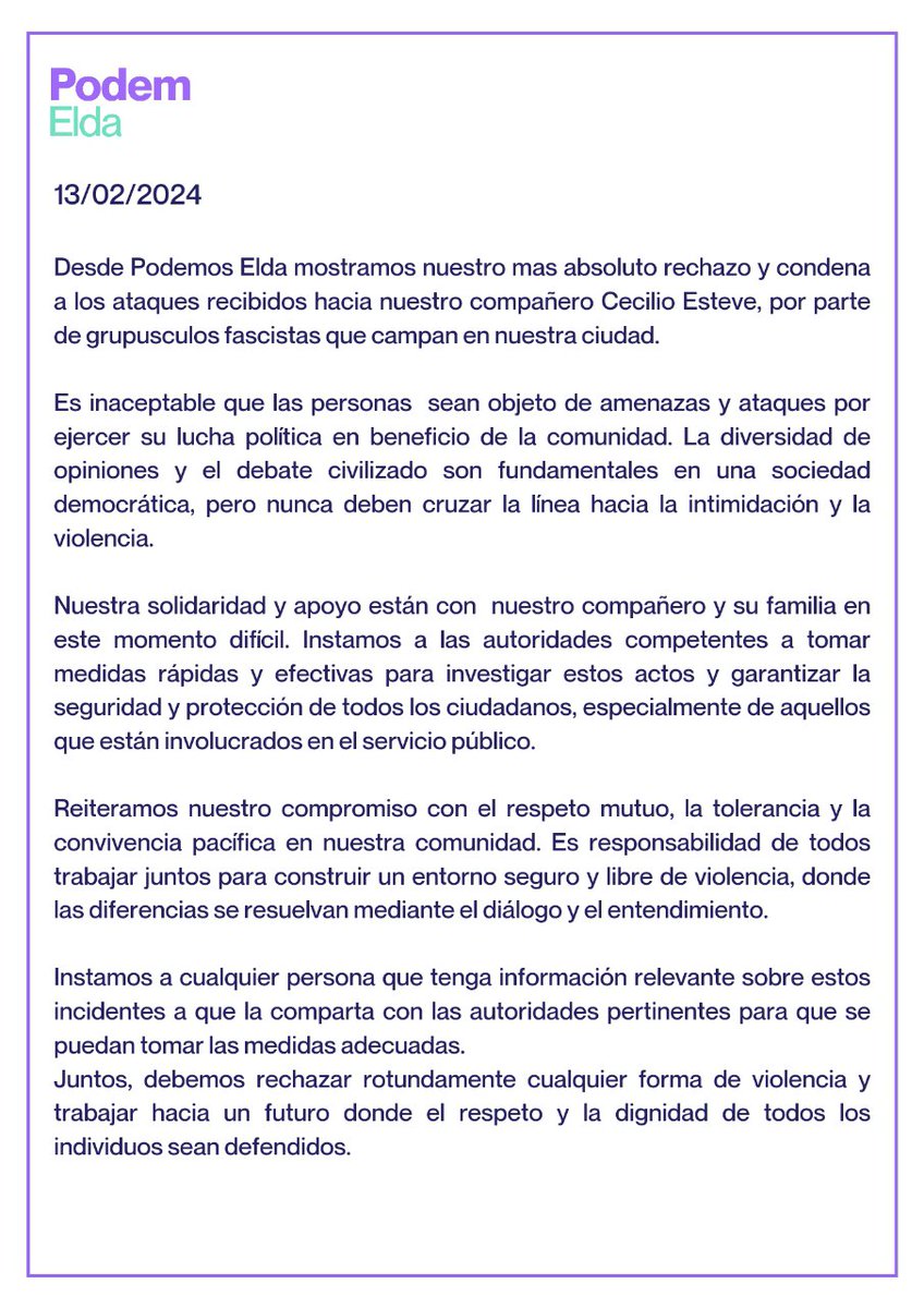 PodemosElda's tweet photo. ➡️Comunicado de Podemos Elda, ante las amenazas fascistas. https://t.co/WEd1BQ3DkL