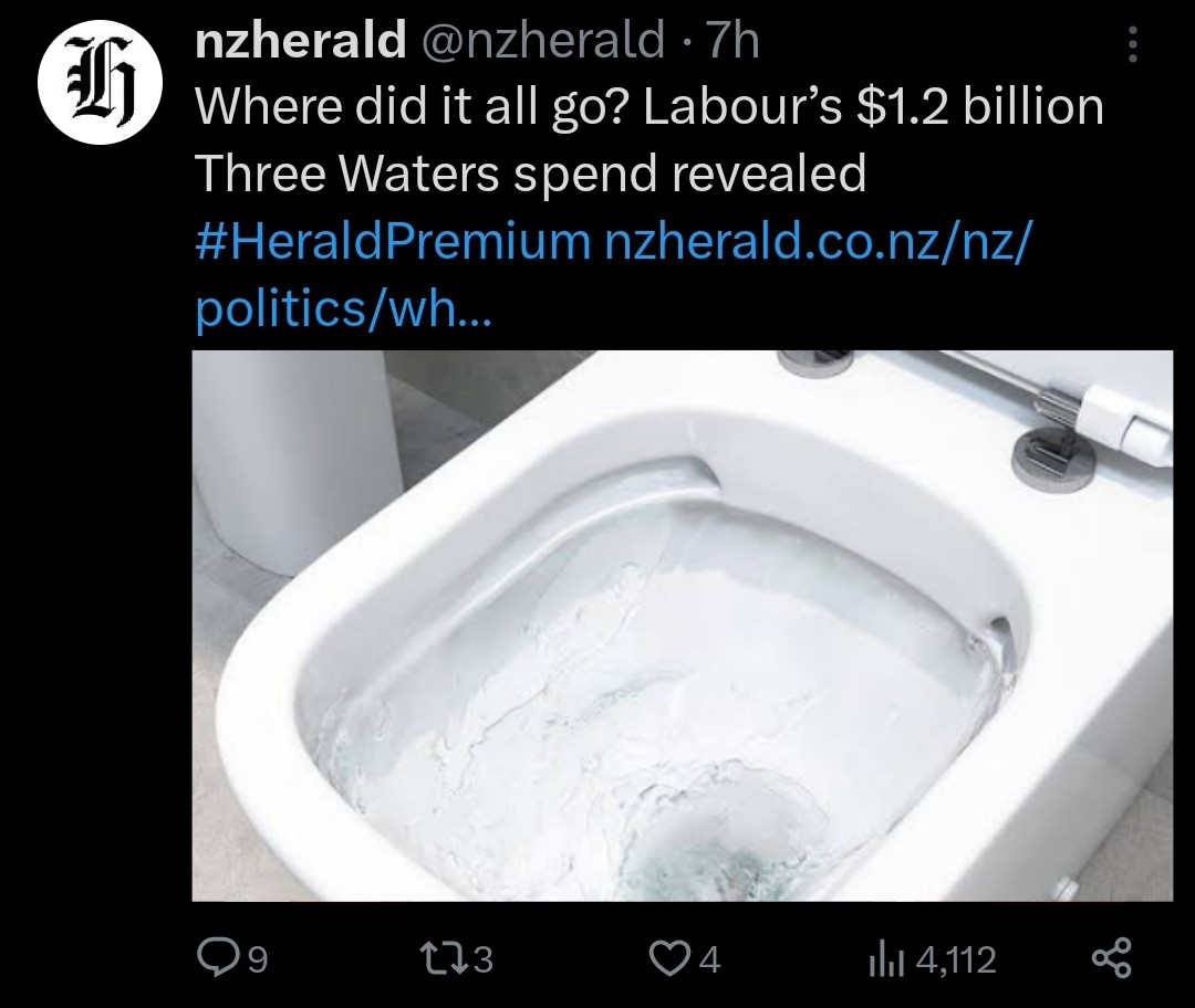 NuZillund's tweet image. Where did it all go??? Down the drain making things worse just like the rest of the 100bn they wasted #nzpol #3waters #10waters #waste