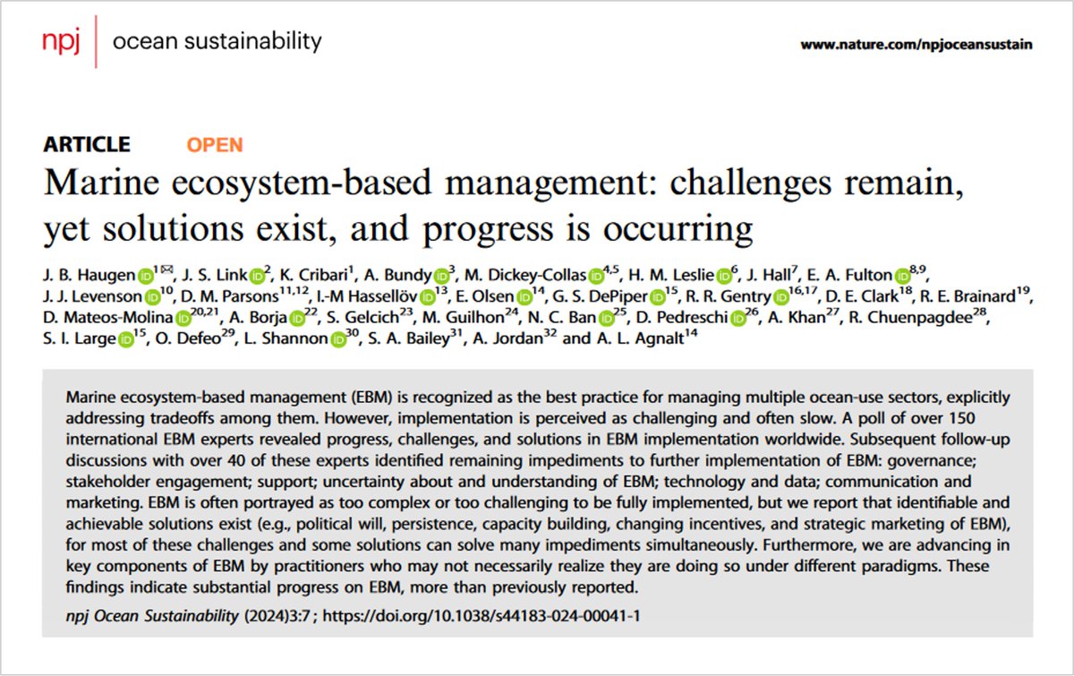 #EcosystemBasedManagement is known as the “best practice” for managing multiple ocean uses but hurdles persist. Even so, <a href="/JanneHaugen/">Dr. Janne Haugen</a> et al. @MarineCons <a href="/DickeyCollas/">Mark Dickey-Collas 🏳️‍🌈</a> report “substantial progress” on global understanding &amp; implementation <a href="/npjOceanSustain/">npj Ocean Sustainability</a> doi.org/10.1038/s44183…
