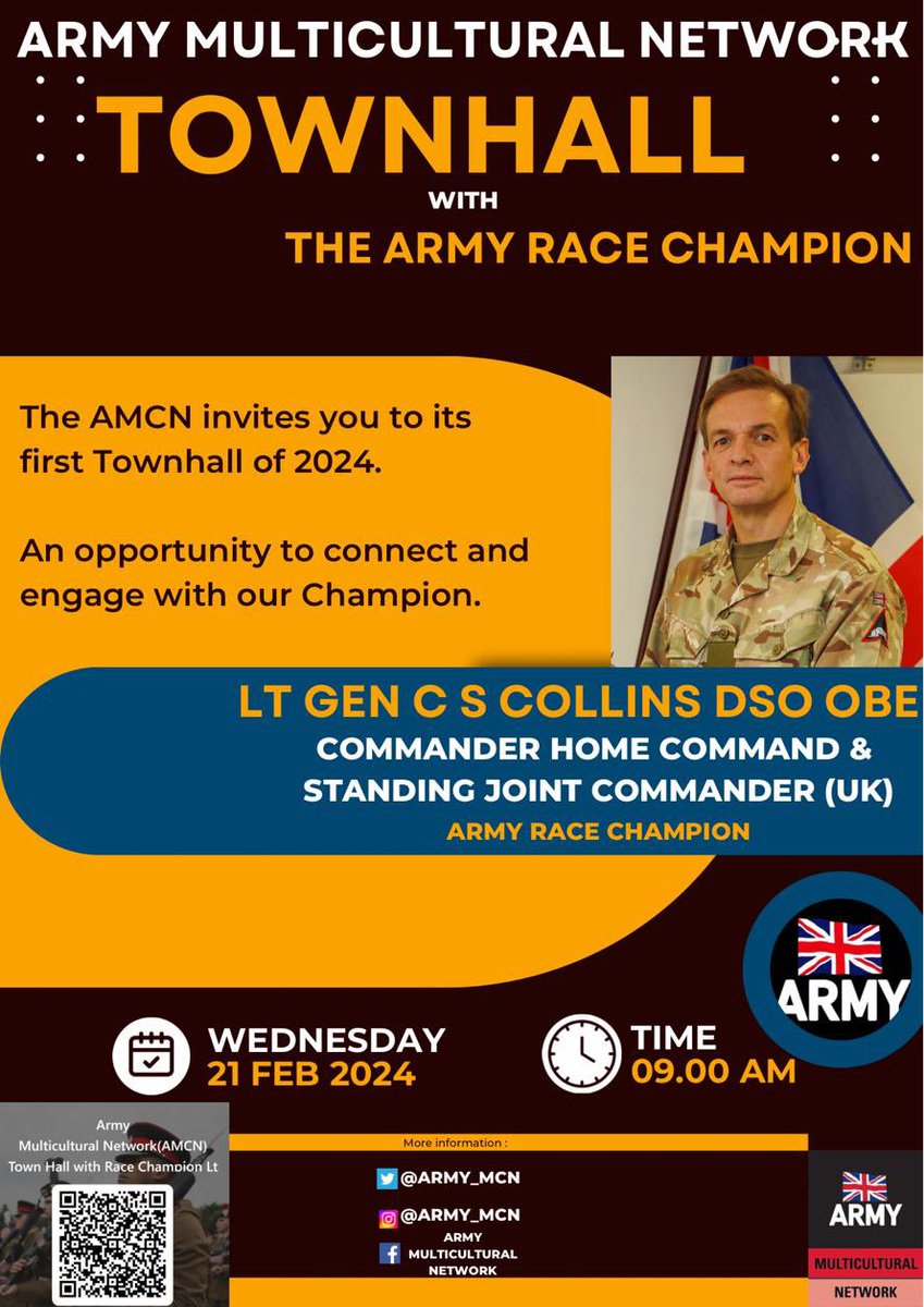 #NewPost2024 📣 
Lt Gen Collins DSO OBE, the Commander Home Command and Standing Joint Command (UK) and the Army Race Champion will hold his first Townhall on 21 Feb 24. A great opportunity to #connect and #engage with our Champion. #Inform #Inspire #Empower