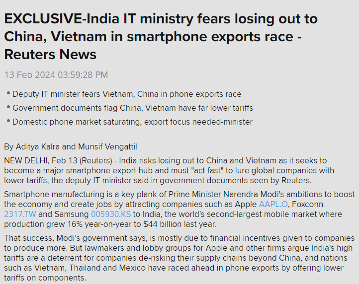 #SCOOP: India is spooked by the rise of Vietnam in smartphone exports business. India's IT ministry thinks high import tariffs are scaring away top companies. Govt documents seen by Reuters shed light on India's internal worries in a global race with China, Mexico, Vietnam🧵