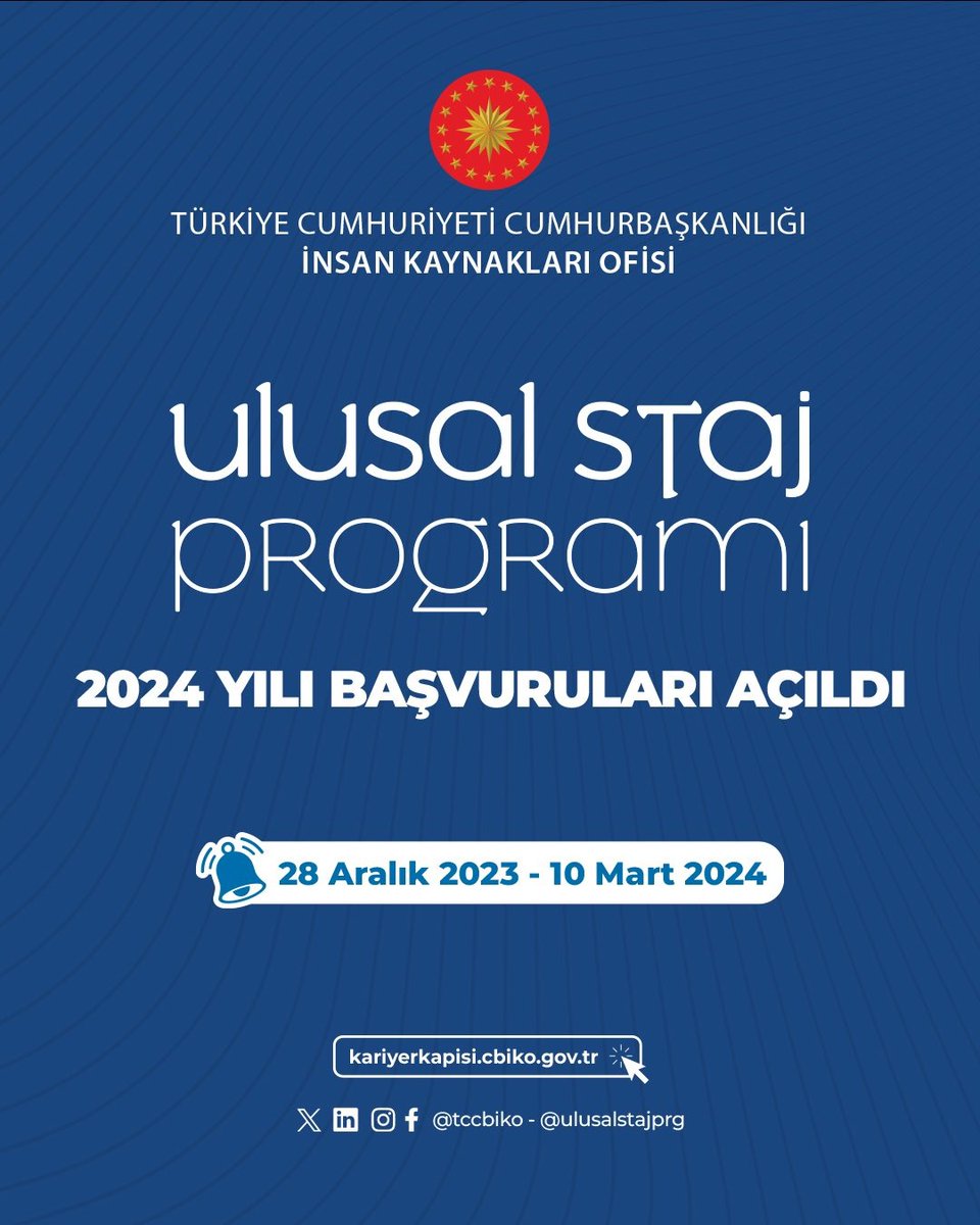 #UlusalStajProgramı 2024 yılı başvuruları başladı! Hemen başvur, sen de kariyerin için bir adım at. #SeninİçinSeferberiz! @tccbiko @ulusalstajprg Başvuru Linki: kariyerkapisi.cbiko.gov.tr Son Başvuru Tarihi: 10 Mart 2024 #MillîSavunmaBakanlığı