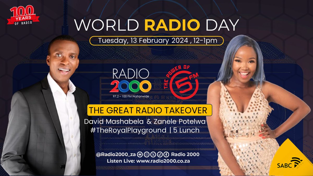 Radio2000_ZA's tweet photo. #TheGreatRadioTakeOver | @Radio2000_ZA & @5FM
#TheRoyalPlayground @DavidMashabela & #5Lunch with @ZanelePotelwa
#WorldRadioDay2024
#100yearsofRadio
#Radio2000 #5FM https://t.co/d5BdK7E9Bd