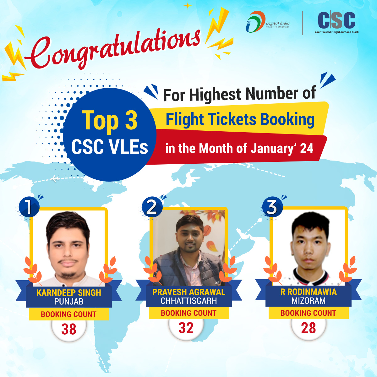 Happy to inform you!!

Congratulations to the Top 3 CSC VLEs for booking the highest number of Flight Tickets in January'24.

#cscsafar #csc #digitalindia #cscflightbooking #flightbooking #flightservices #flighttickets