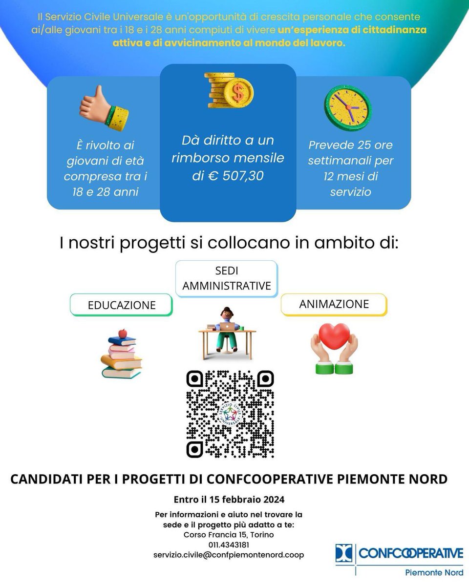 Confcooperative Piemonte Nord (@confpiemnord) on Twitter photo Ultimi giorni per presentare domanda per svolgere il #ServizioCivileUniversale🌟
SCADENZA 15 FEBBRAIO 2024
Scegli il progetto e la sede che fanno per te sul nostro sito:
piemontenord.confcooperative.it/servizio-civil…
Contattaci per maggiori info:
011.4343181
confcoop@confpiemontenord.coop Ultimi giorni per presentare domanda per svolgere il #ServizioCivileUniversale🌟
SCADENZA 15 FEBBRAIO 2024
Scegli il progetto e la sede che fanno per te sul nostro sito:
piemontenord.confcooperative.it/servizio-civil…
Contattaci per maggiori info:
011.4343181
confcoop@confpiemontenord.coop