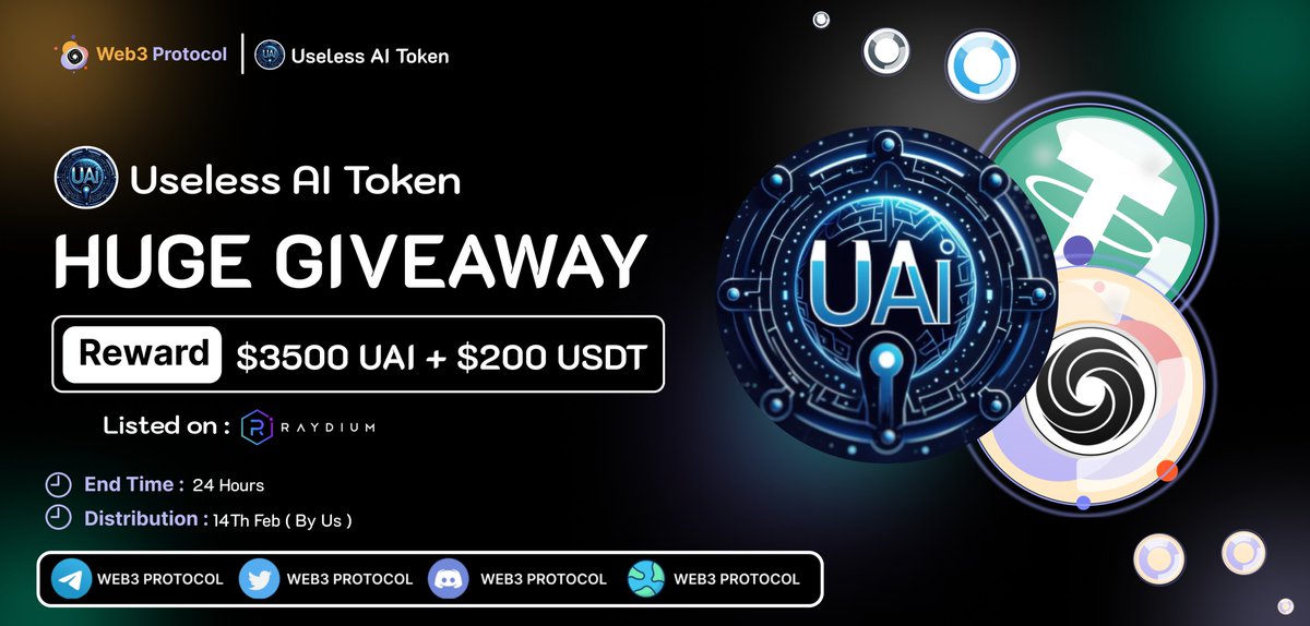 Web3_Protocol's tweet photo. 🎉Web3 Protocol X Useless AI Token Giveaway 

🏆Prize Pool:- $3500 $UAI + $200 $USDT 
 To Enter:- 
✔️Follow @Web3_Protocol &amp; @uaionsol
✔️Like and RT 3 friends 
✔️Fill form :- https://t.co/ZtCQDBp4JP

#Airdrop #Giveaway #Giveaways #UAI #UselessAI https://t.co/vaQfFTmfE7