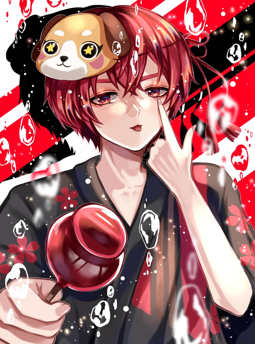 1boy male focus food mask japanese clothes mask on head candy apple  illustration images