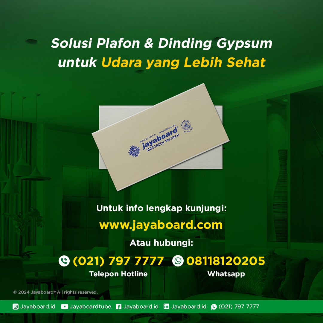 2024 wajib pilih papan gypsum terbaik untuk yang tersayang!

Wujudkan hunian #LebihSehatLebihNyaman dengan Jayaboard® SHEETROCK® PROTECH: Papan gypsum standar pertama di Indonesia dengan Air-Purifying technology.

Info lebih lanjut kunjungi bit.ly/sheetrock_prot… sekarang!
