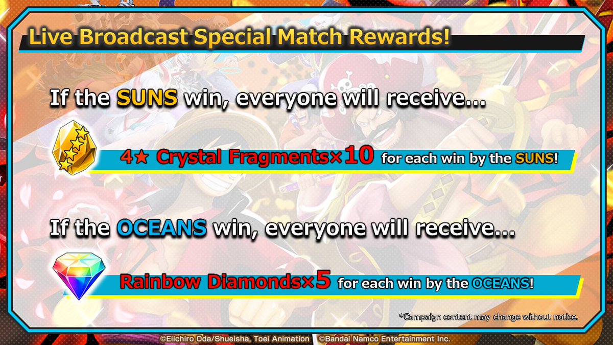 OPBR_global's tweet photo. [5th Anniversary Live Broadcast Part 2]
Special Match with the viewers!
We'll be distributing in-game items as a gift, depending on the results!

*Only players with the Japanese version of the game can participate.

▼Watch Here
https://t.co/OSb41JQ4Uk

#OPBRlive
#BountyRush https://t.co/SAnfYzUYmB
