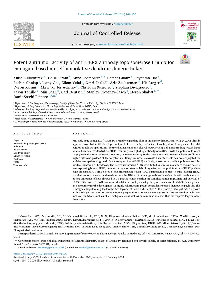 Happy to share our new study on a novel, dendritic linker payload system for ADCs developed in collaboration with Merck KGaA and @ShabatGroup These novel dendritic technologies enable the release of 2 payloads per 1 enzymatic cleavage! sciencedirect.com/science/articl…