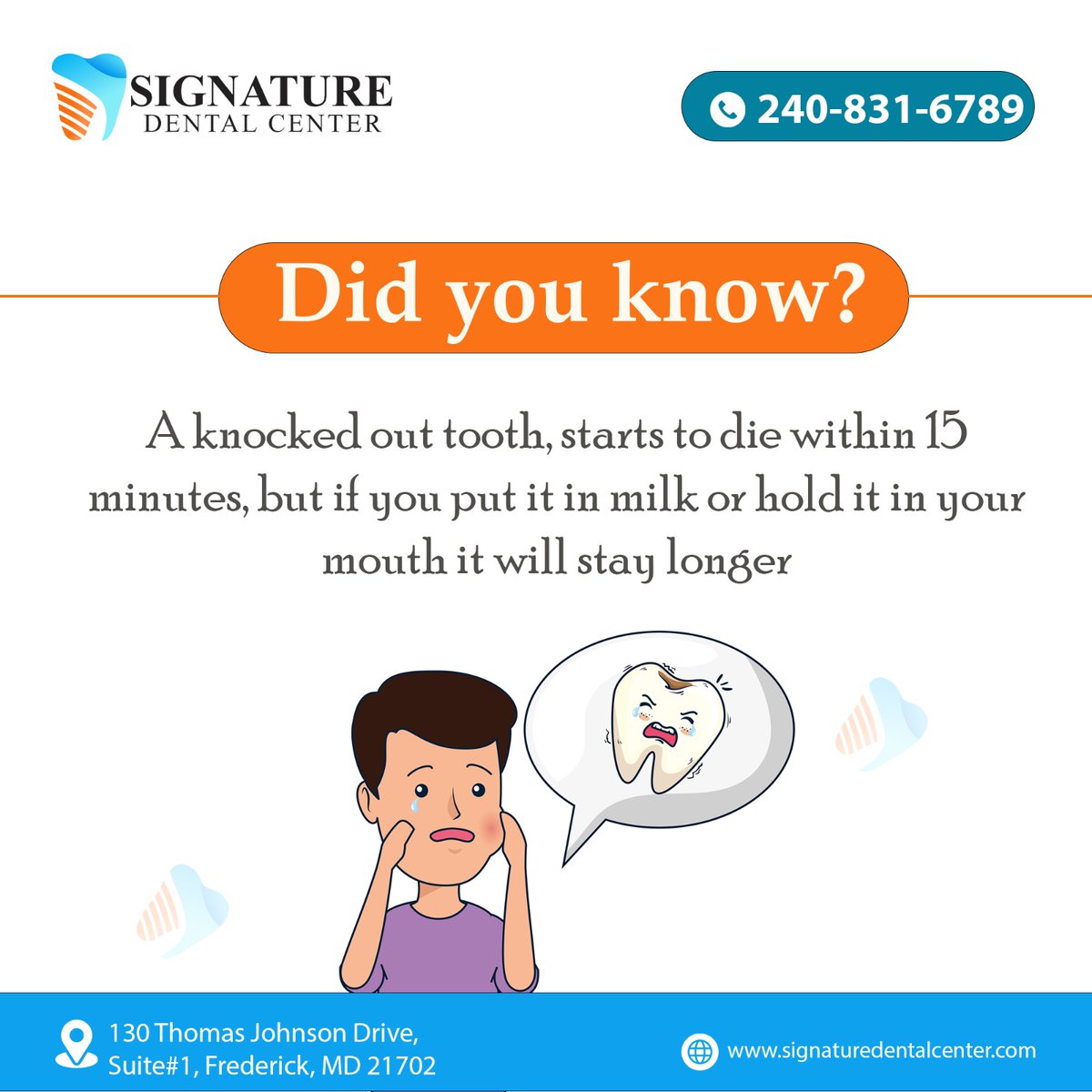 signaturedenta3's tweet image. A knocked tooth can be alarming, but knowing what to do can make all the difference. Book an appointment.
.
 call or text: +1240-831-6789
.
Or Visit: signaturedentalcenter.com
.
#knockedouttooth #knockedtooth #dentalemergency #dentalwork #dentaltreatment #maryland