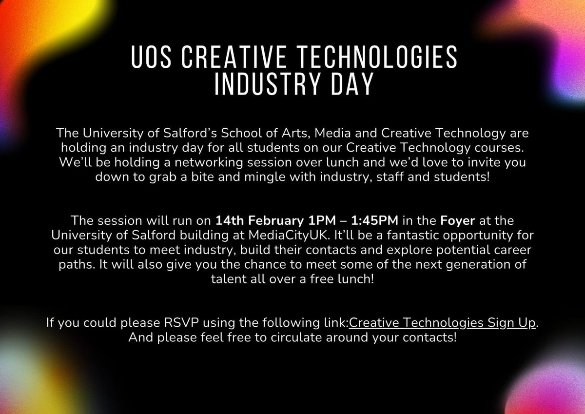 Running an industry event <a href="/UoS_ArtsMedia/">School of Arts, Media & Creative Technology</a> tomorrow! It’s got panels and talks and a free bite to eat - so if you are feeling peckish and sociable at lunch time pop on over to our networking buffet! #salford #digital #xr #immersive