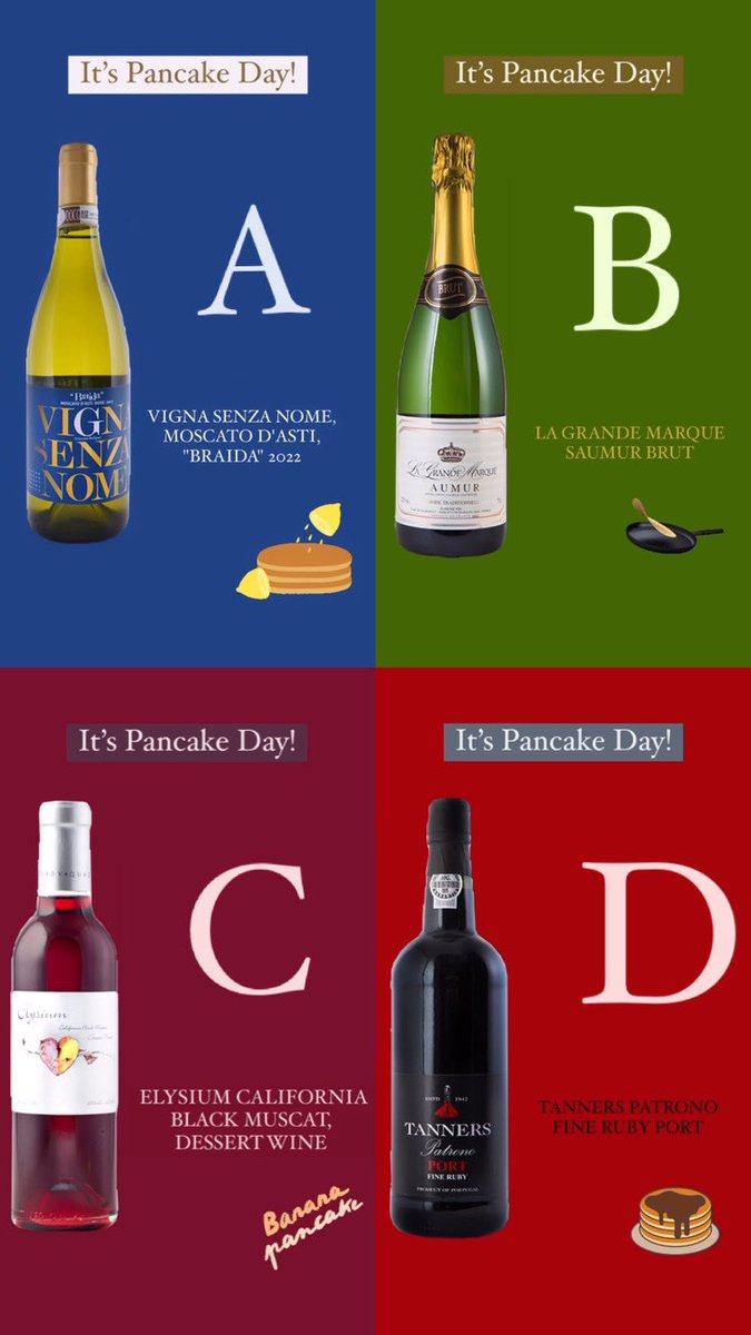 Be sure to enjoy your #PancakeDay by choosing a fabulous wine to accompany your favourite! Tell us which you’d choose? A, B, C or D ⬇️
