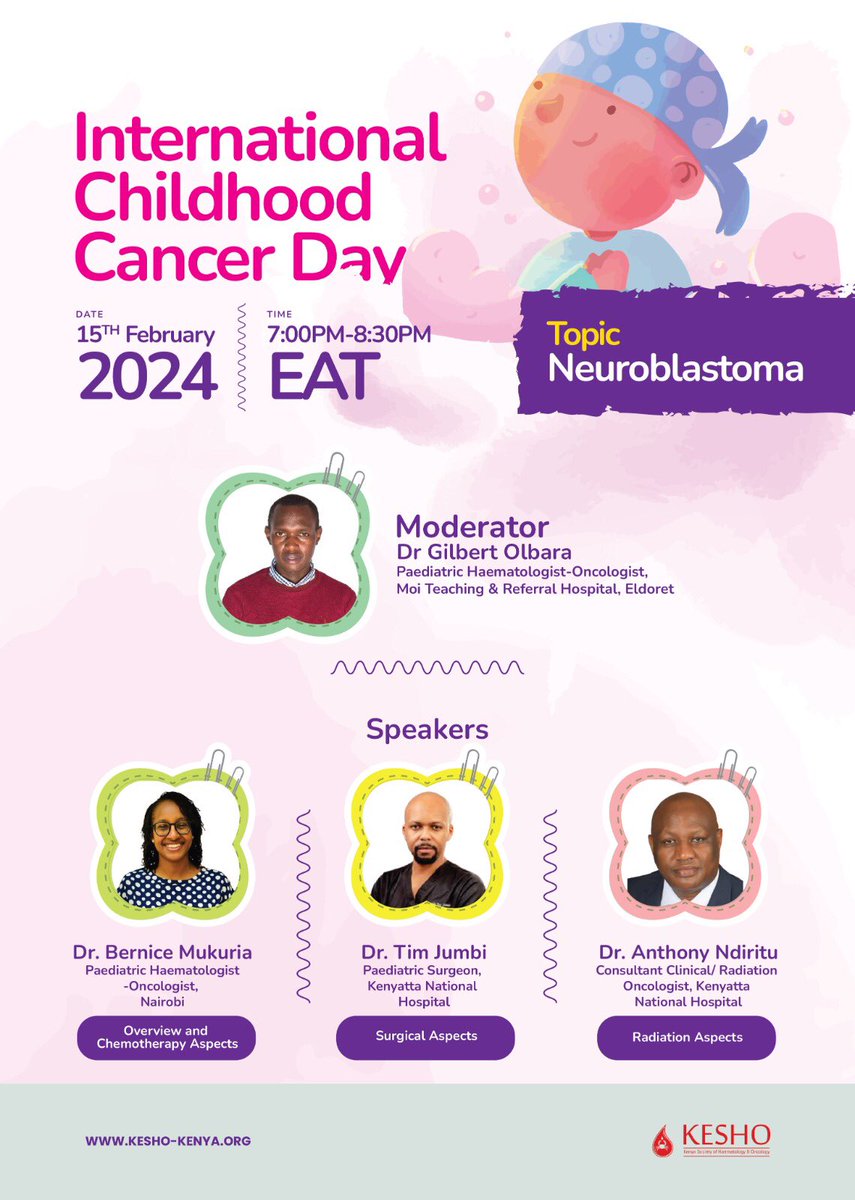 Join our panelists this Thursday, 15th Feb 2024 from 7pm EAT as they discuss #Neuroblastoma on this International Childhood Cancer Day. Use the link shared to join - us02web.zoom.us/webinar/regist… #ICCD #ChildhoodCancer