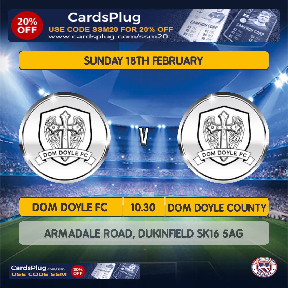 Cup game next! We’re against one of the family teams! Lads expect a tough game against division 3 county! Come down and support us!