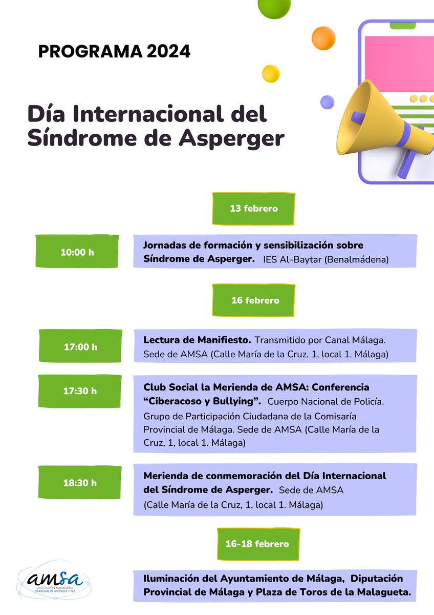 #SemanaAsperger2024 

Programación, actividades y eventos de los compañeros/as de la Asociación Malagueña de síndrome de #Asperger

#DISA2024 #DiaInternacionalAsperger #NingúnTeaSinDerechos #Málaga #Andalucía