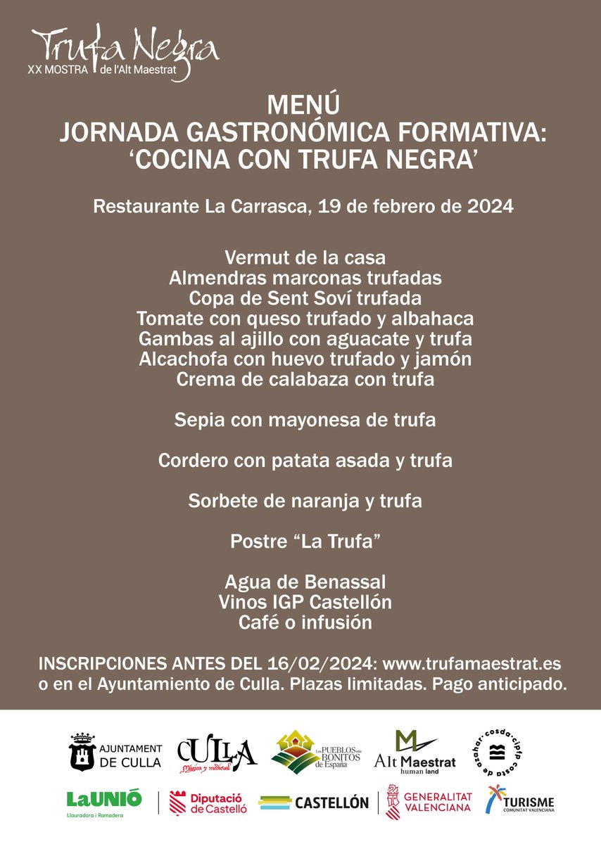 📝El próximo lunes 19 de febrero, a las 10h. en el <a href="/rtelacarrasca/">Rte La Carrasca</a> , está prevista la JORNADA GASTRONÓMICA FORMATIVA sobre cocina con trufa 🍽️. También podremos disfrutar del un GRAN MENÚ TRUFADO elaborado para la ocasión por el restaurante anfitrión. #trufa #trufanegra #culla
