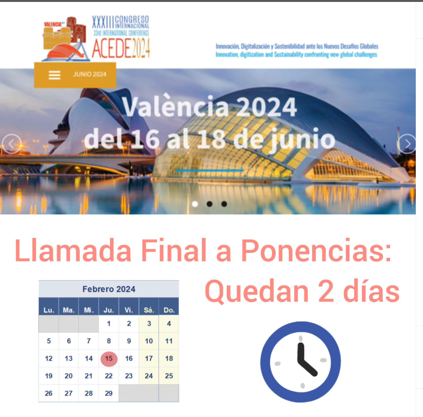Sólo 2 días!!!! Llamada a ponencias hasta el 15 de Febrero de 2024 para #ACEDE2024
Comité Local Organizador #ACEDE2024 +info 👇congresoacede.org/es/apartado/ll……
<a href="/AcedeECN/">ECN-ACEDE</a>
<a href="/DoeUpv/">DOE_UPV</a>
<a href="/UPV/">Universitat Politècnica de València</a>
<a href="/adeupv/">ADE UPV</a>
#innovation #digitalization #SustainableInnovation