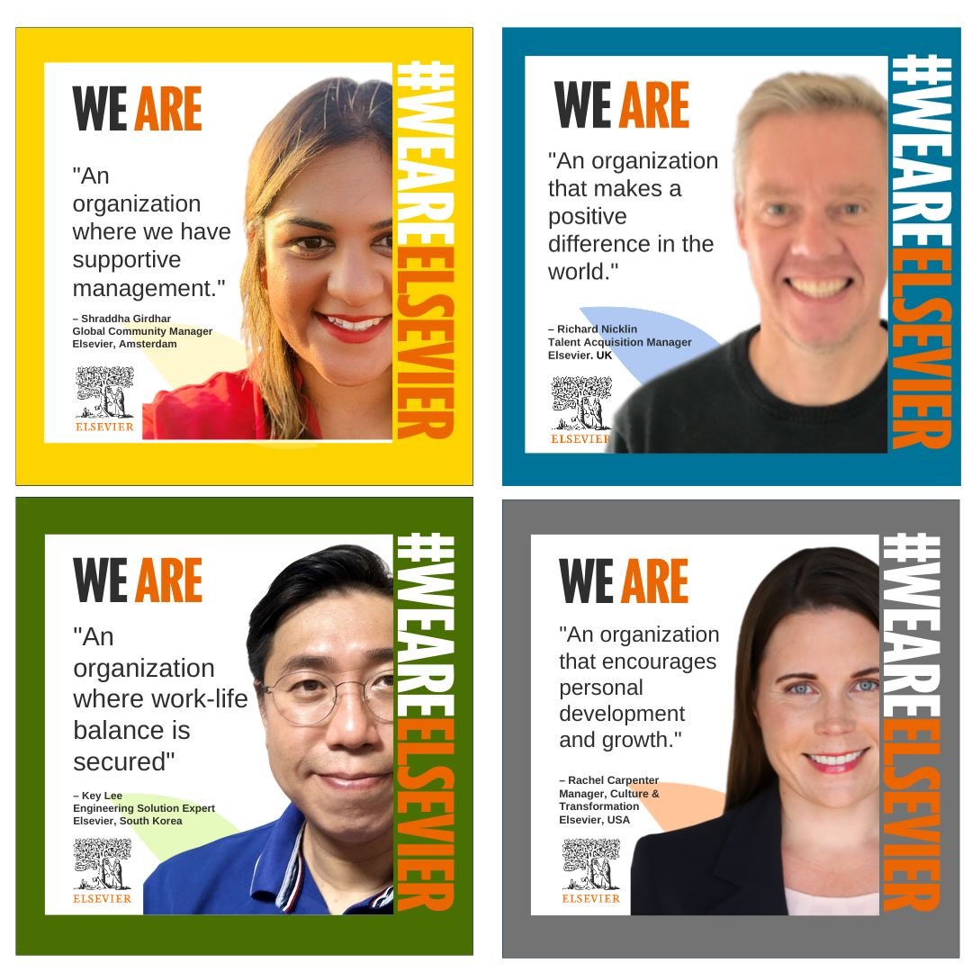 Elsevier asked these four extraordinary individuals to share in a few words their views of who they are as an organization. Read their responses on why #weareelsevier. Join in to do purposeful work: elsevier.com/en-gb/about/ca… #elsevier #hiring #jobs