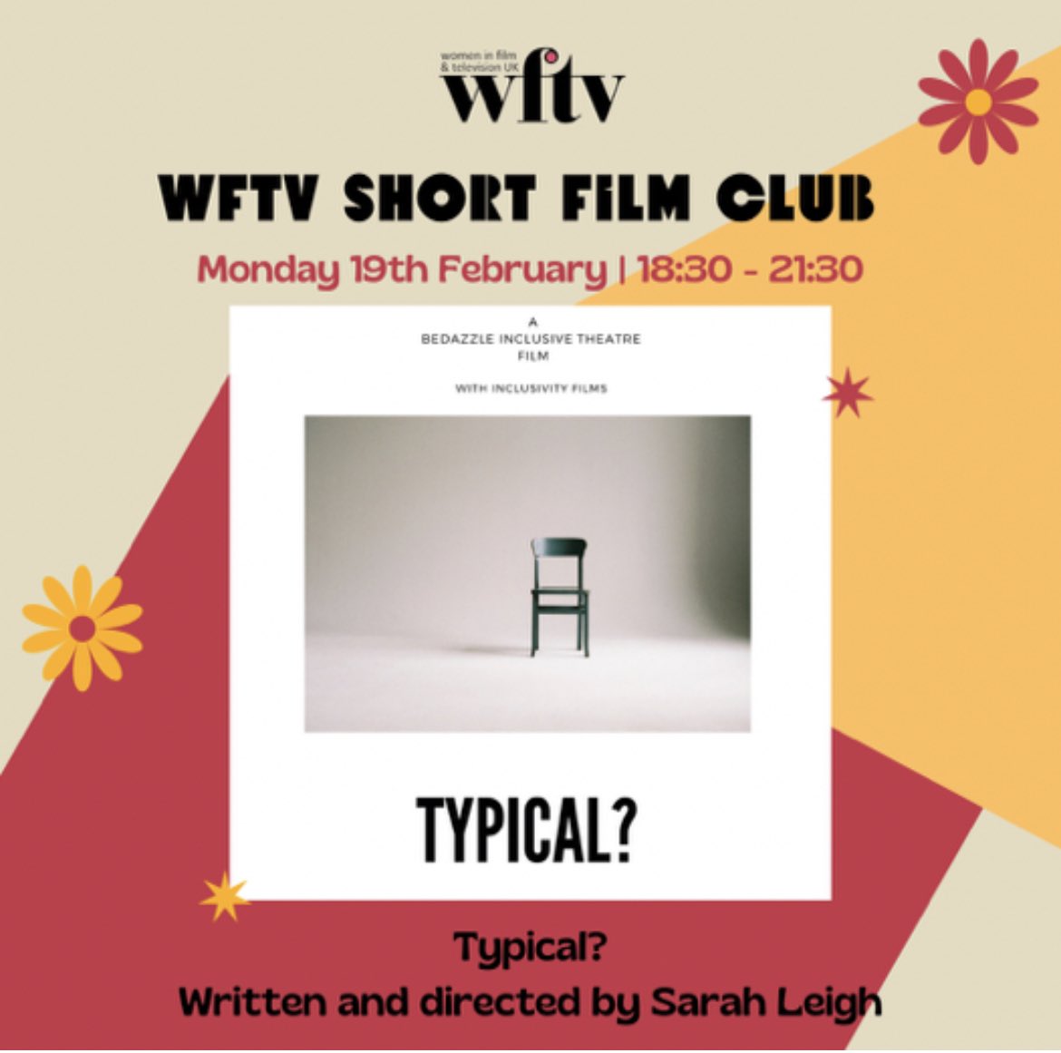 TYPICAL? is screening @WFTV_UK Short Film Club on Monday 19th February. Thanks WFTV for selecting our film! 

#ShortFilmClub #WFTV #WomenInFilm #Filmmakers #FemaleFilmmakers #DisabilityRights #DisabledTalent #NothingAboutUsWithoutUs #SocialImpact 

#ImageDescription in 🧵