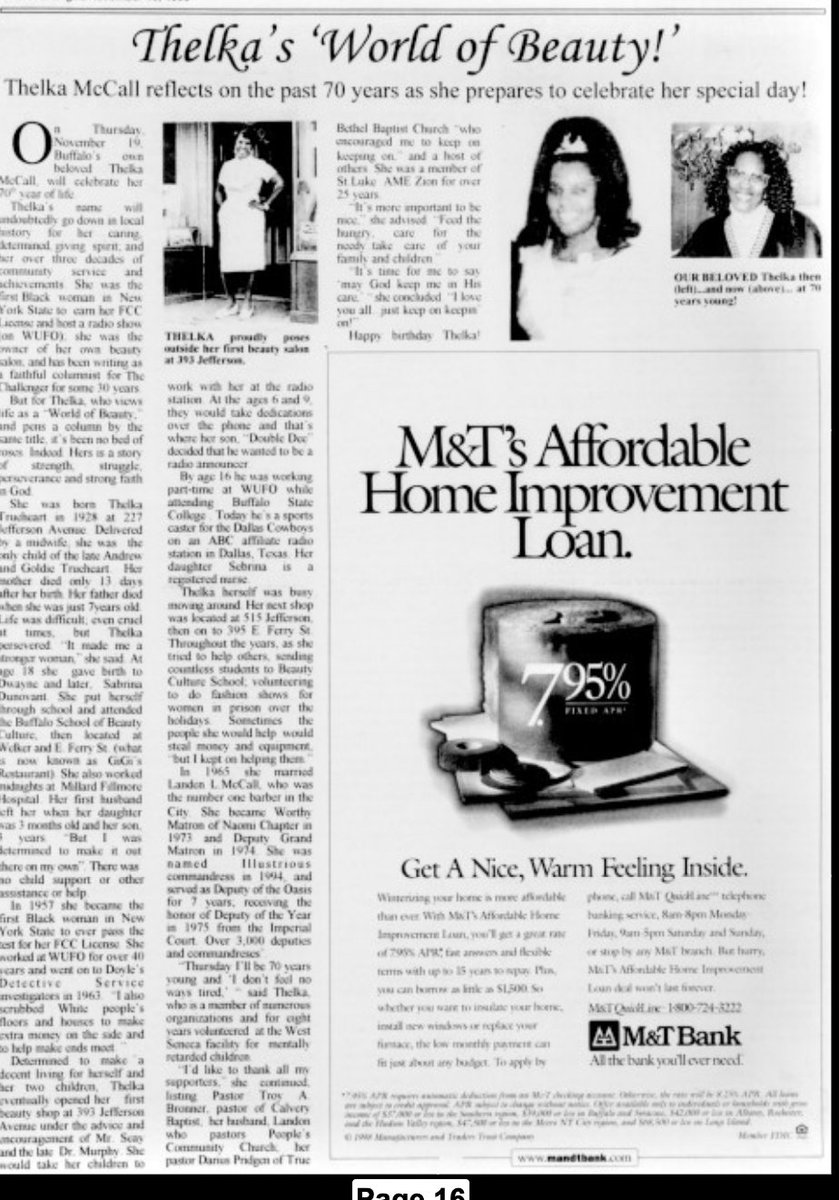 Thelka McCall was a Buffalo hair dresser who became a pioneer Buffalo broadcaster on WUFO Radio in 1961. Thelka loved the feeling of family that WUFO invited her into. 
Check this 2011 interview with Thelka provided by the Buffalo History Channel
youtube.com/watch?v=JXqGGW…