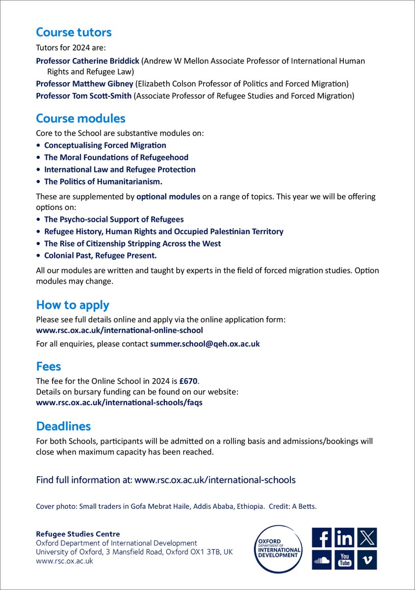 refugeestudies's tweet image. The International Online School in Forced Migration offers an intensive, interdisciplinary &amp;amp; participative approach to the study of forced migration.

Join us!

Applications are open for the following dates this academic year:
• 11-15 March
• 17-21 June

rsc.ox.ac.uk/study/internat…