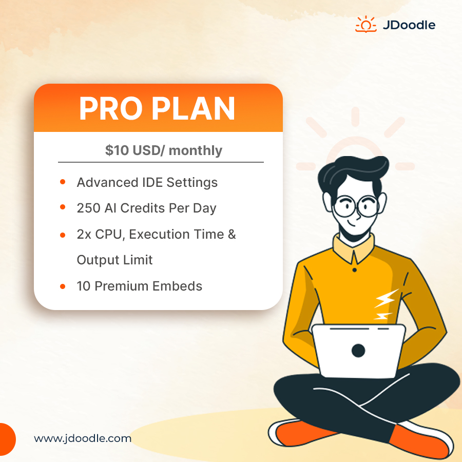 jdoodleide's tweet image. Join the league of developers with our newly launched 'PRO PLAN'. Super charge your coding to the next level with Advanced IDE Settings , 250 AI Credits per day & a lot more.
#jdoodle #onlinecoding #onlinecompiler #ide #programmers #coders