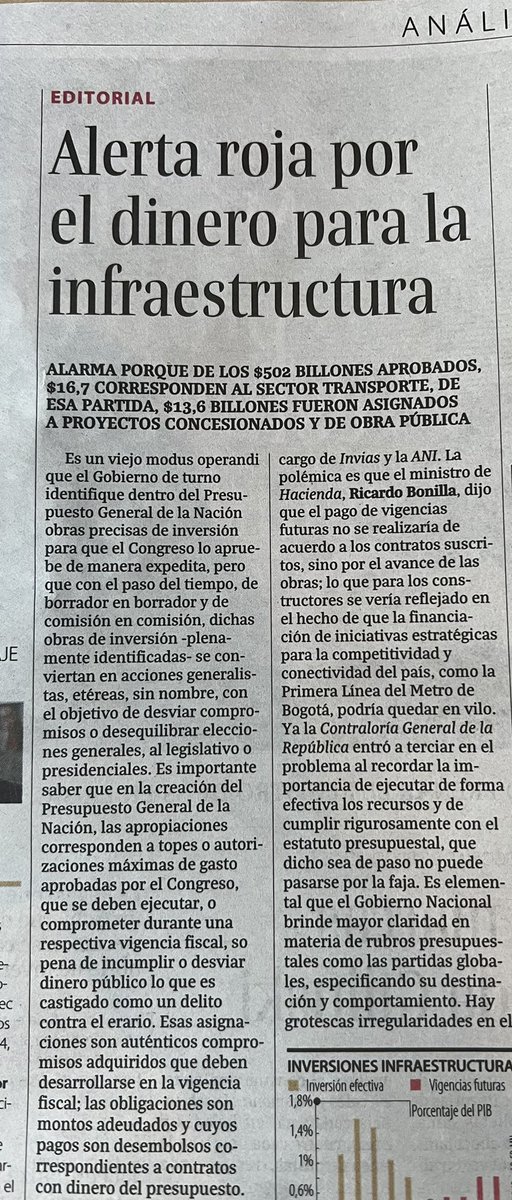 BruceMacMaster's tweet photo. Gran incertidumbre genera la posible “priorización” del presupuesto que pudiera afectar las vigencias futuras relacionadas con proyectos de infraestructura 
El mecanismo para comprometer el Estado recursos futuros para garantizar la ejecución de obras es justamente el de las vigencias futuras. Las mismas se han convertido en un instrumento confiable y certero que permite que constructores, financiadores y desarrolladores basados en ellas tomen compromisos financieros y asuman riesgos de construcción que de lo contrario serían totalmente imposibles.
Generar dudas, o la idea de que los compromisos del Estado pudieran no cumplirse, puede absolutamente fatal en la construcción de confianza en el Estado en este y en otros frentes, donde sin dudas se afectará compañías que están involucradas en estos proyectos, pero sobre todo se afectará la credibilidad del Estado como sujeto de crédito y socio aceptable para operadores y constructores privados