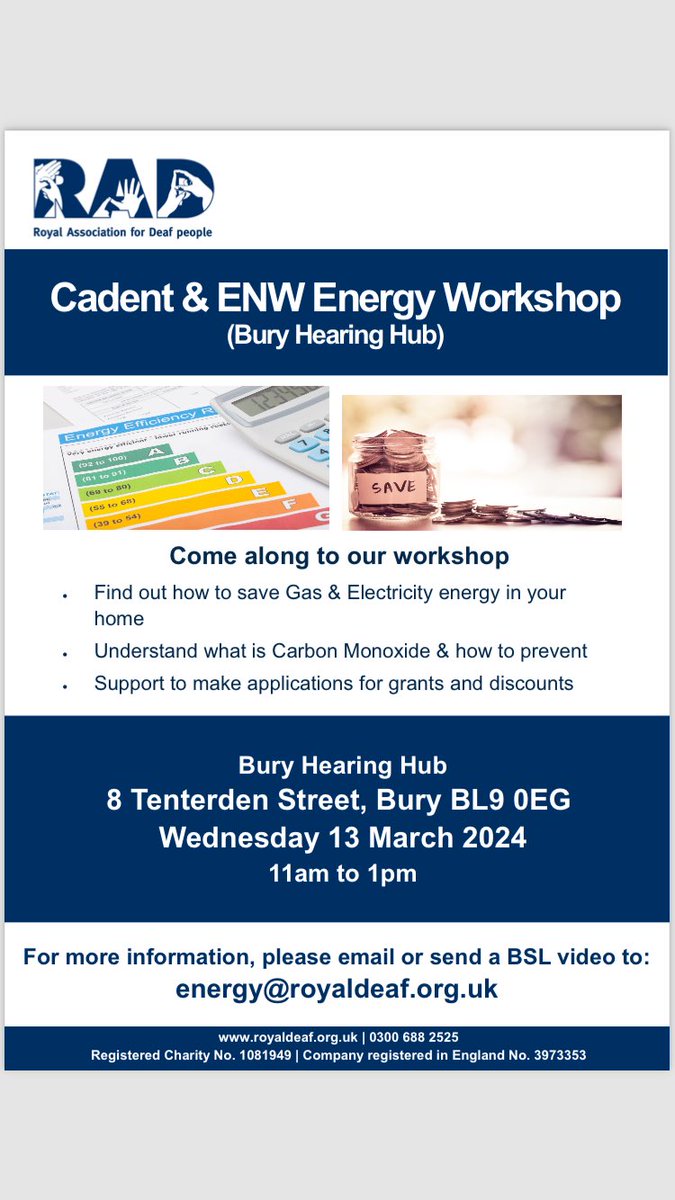 BuryHearingHub's tweet photo. On Wednesday 13th March 11-1pm we are pleased to welcome Sean from RAD who will deliver a Cadent and ENW Energy Workshop. See poster for more details. BSL interpreter provided. @royaldeaf https://t.co/3vvmv3uvQf