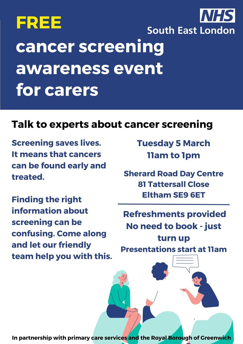 FREE cancer screening awareness event for carers. Talk to experts about cancer screening 🛡 Screening saves lives.  It means that cancers can be found early and treated. 

📅Tuesday 5th March 2024 
⏲11am – 1pm
🏢Sherard Road Day Centre, 81 Tattersall Close, Eltham, SE9 6ET