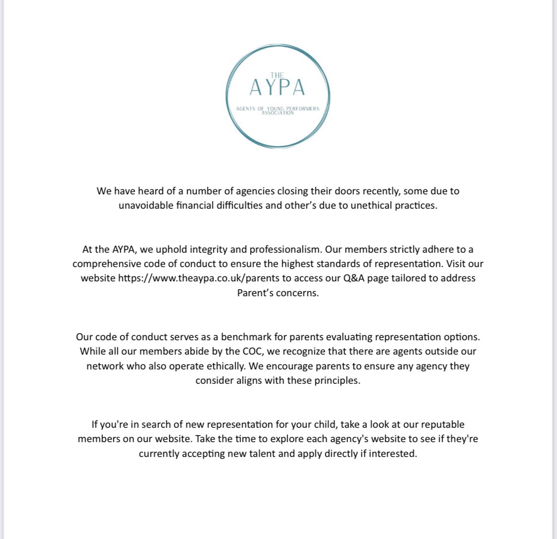 Statement from the AYPA with regard to recent closures of agencies. Link here to access our parents’ page theaypa.co.uk/parents
