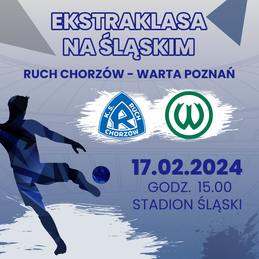 Tylko 4⃣ dni dzielą nas od kolejnego meczu na Stadionie Śląskim! 💥 Podczas sobotniego spotkania Ruch Chorzów zmierzy się z Wartą Poznań 💪 Taką rywalizację warto zobaczyć na żywo! 🙌Początek meczu o godz. 1⃣5⃣:0⃣0⃣ Kto kibicuje razem z nami?😎