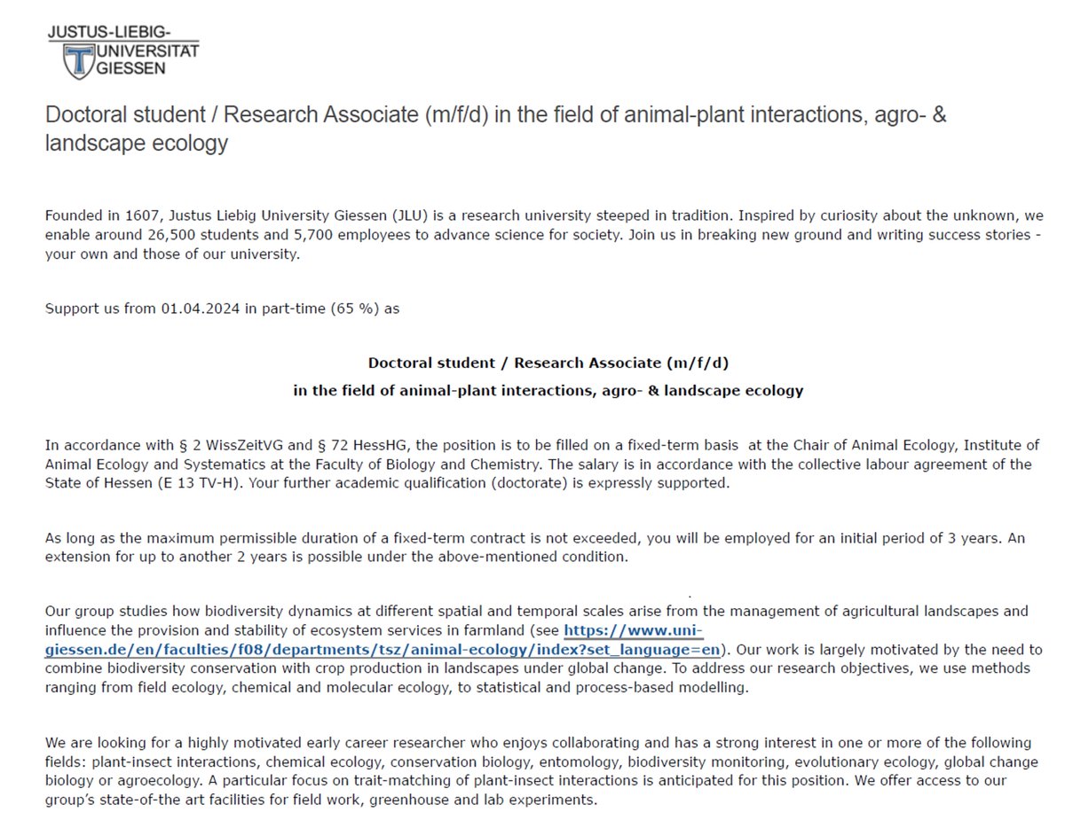 📢Please re-tweet. We have a #PhDposition open in the field of animal-plant interactions and agro- &amp; landscape-ecology starting April 1! If you're passionate about #biodiversity conservation in agroecosystems, take a look: uni-giessen.de/karriere/stell…

🗓️Apply by March 12, 2024