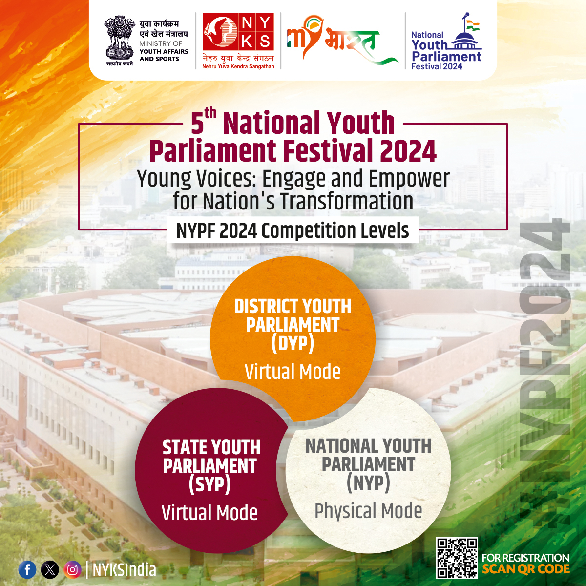 The Youth Parliament Festival 2024 will be conducted at three levels: District ➡️ State ➡️National. Follow us for the latest updates and register today at mybharat.gov.in or Scan QR Code #NYPF2024 #YouthParliamentFestival #Youth #NYKS #MYBharat
