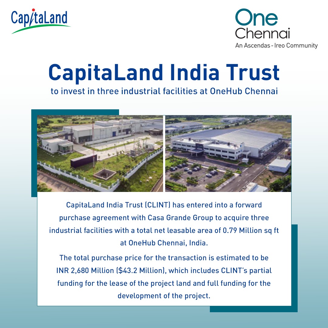 onehubchennai's tweet photo. Delighted to share our latest milestone! We take immense pleasure in welcoming CapitaLand India Trust (CLINT) and Casa Grand, as they set up their 3 industrial facilities with One Hub Chennai. (1/2) https://t.co/McRVgF2hqk