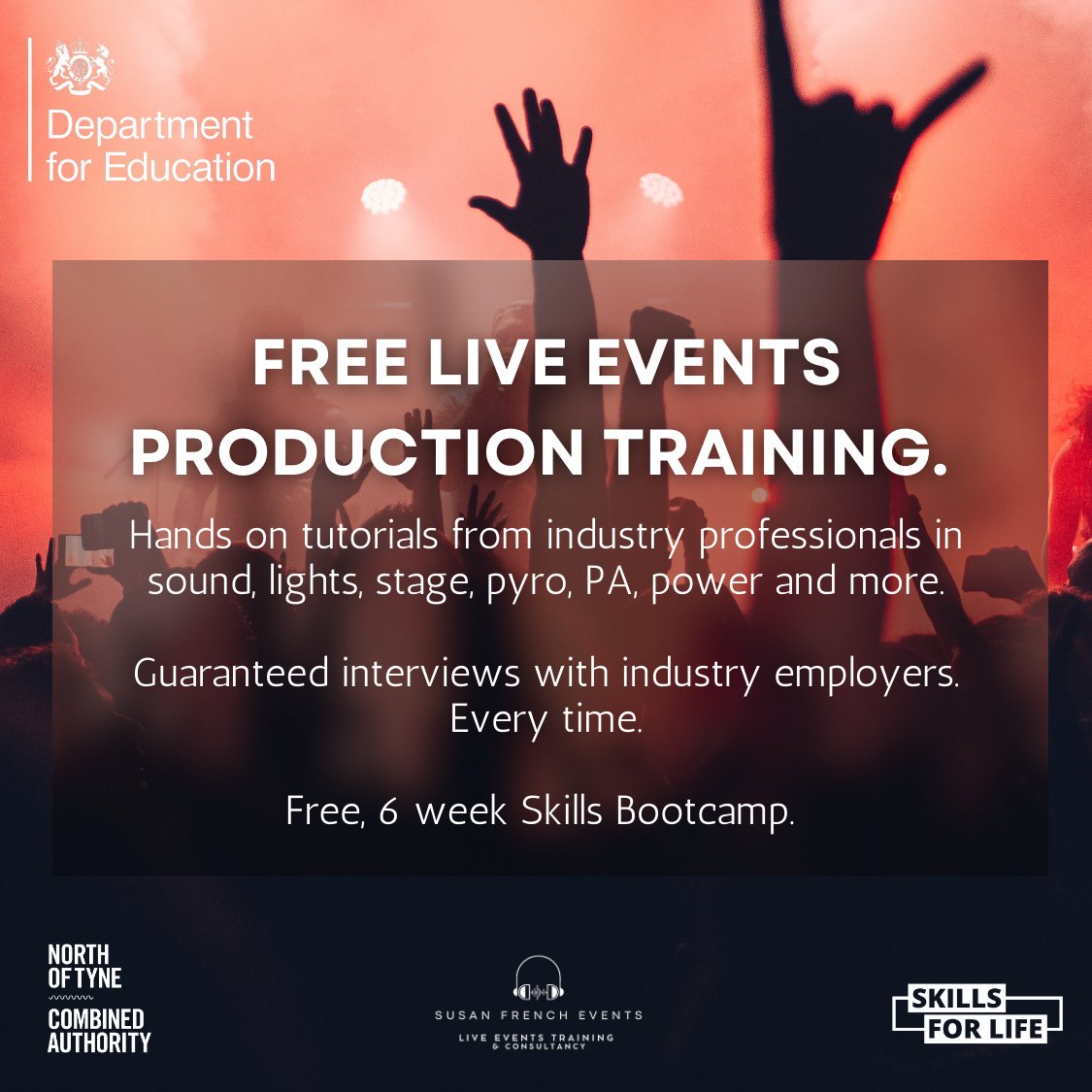 Launch your live events production career with our Skills Bootcamp 🖤

Learn sound, light, stage, backline, pyro and more!

🗓️ New course commences 19th Feb

🖋️ Book Online Here bookwhen.com/susanfrencheve…

👩‍💼 Guaranteed interviews with industry employers

Funded by @NorthTyneCA