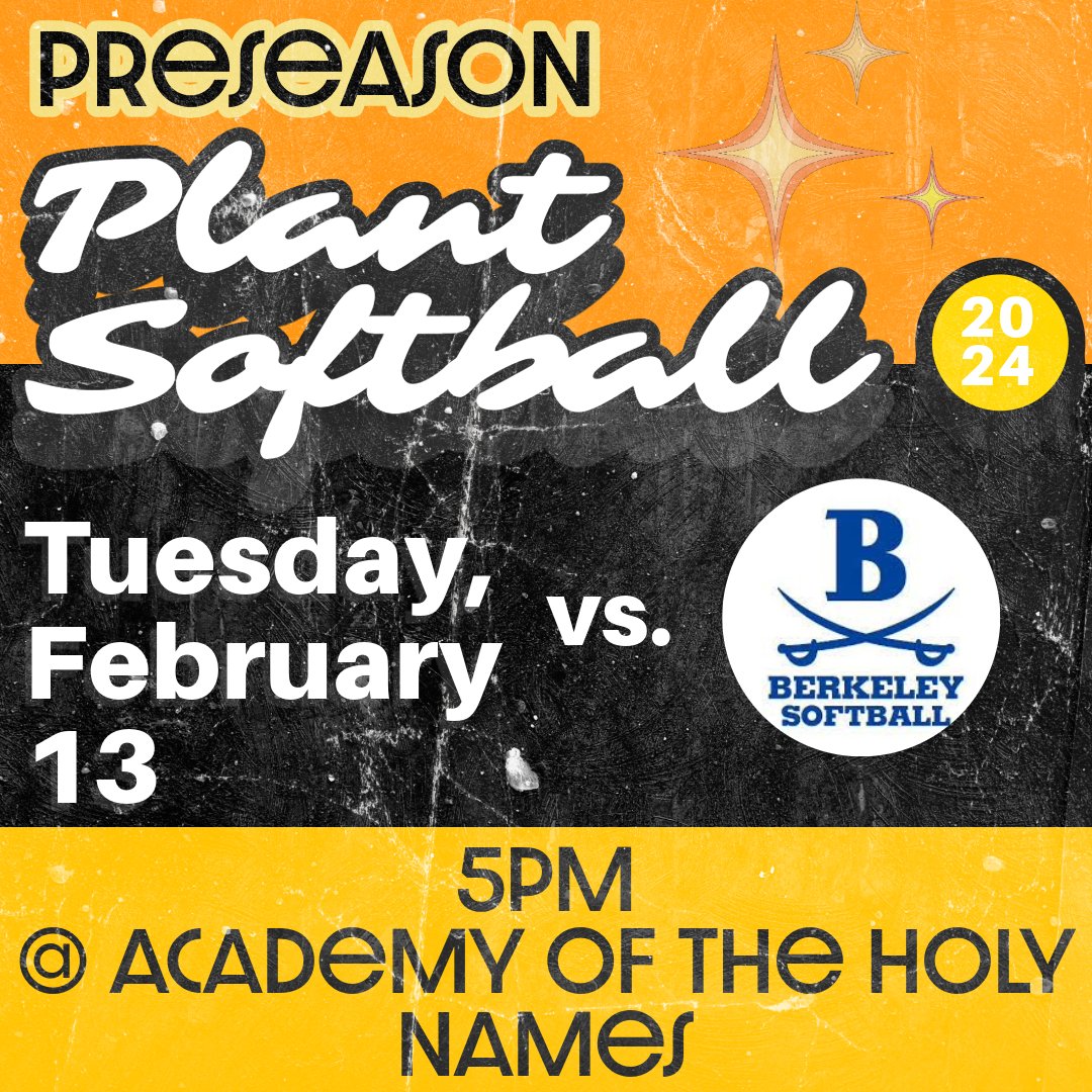 Plant High Varsity Softball (@varsityplant) on Twitter photo ✧・゚: ✧・゚: Preseason 🥎 :・゚✧:・゚✧
🗓️TONIGHT! 2/13
🕔5pm
🆚Berkeley Prep
📍Academy of the Holy Names
<a href="/PlantHighSchool/">PlantHighSchool</a> <a href="/PlantHighSports/">Plant High School Athletics</a> <a href="/pop_phsnews/">Pep O' Plant</a> <a href="/phsathleticfdn/">PHS Athletic Foundation</a> <a href="/phsletterman/">Plant Letterman Link</a> <a href="/PHSGoldRush/">Gold Rush</a> <a href="/PlantYearbook/">PHS YBK</a> <a href="/BMFastpitch/">Bay Made Fastpitch</a> <a href="/813Preps/">813Preps</a> <a href="/PrepsTime/">Prime Time Preps</a> <a href="/Andy_Villamarzo/">Andy Villamarzo</a> <a href="/theryugo/">Keith D. Lindquist</a> ✧・゚: ✧・゚: Preseason 🥎 :・゚✧:・゚✧
🗓️TONIGHT! 2/13
🕔5pm
🆚Berkeley Prep
📍Academy of the Holy Names
<a href="/PlantHighSchool/">PlantHighSchool</a> <a href="/PlantHighSports/">Plant High School Athletics</a> <a href="/pop_phsnews/">Pep O' Plant</a> <a href="/phsathleticfdn/">PHS Athletic Foundation</a> <a href="/phsletterman/">Plant Letterman Link</a> <a href="/PHSGoldRush/">Gold Rush</a> <a href="/PlantYearbook/">PHS YBK</a> <a href="/BMFastpitch/">Bay Made Fastpitch</a> <a href="/813Preps/">813Preps</a> <a href="/PrepsTime/">Prime Time Preps</a> <a href="/Andy_Villamarzo/">Andy Villamarzo</a> <a href="/theryugo/">Keith D. Lindquist</a>