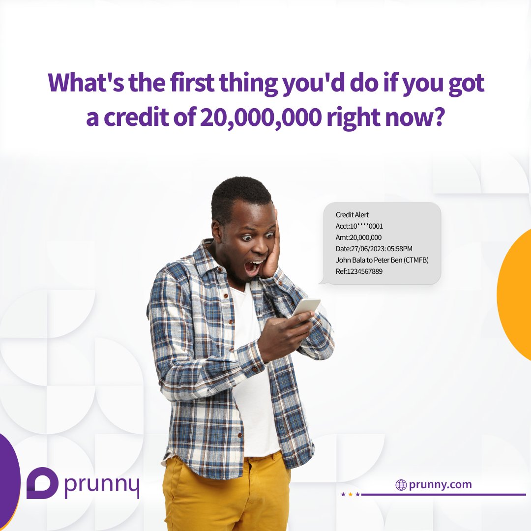 PrunnyHq's tweet image. What's the first thing you'd do if you got a credit of 20,000,000 right now?

Drop your comment below.

#creditalert #1usd #prunny