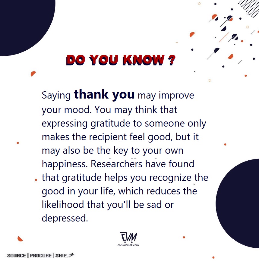 Health Tip !

Do you know that saying "thank you" have a positive effect on your body ?

Source, procure and ship with chrisvicmall.