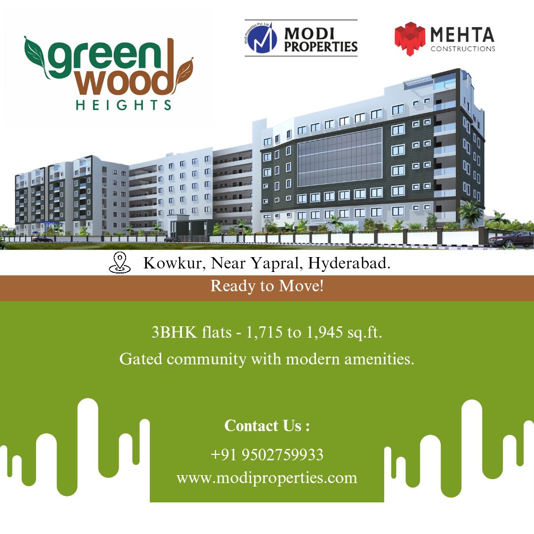 Greenwood Heights! Explore our best gated community 3BHK flats in Yapral. Visit us at modiproperties.com for a glimpse of your dream home. #GreenwoodHeights #LuxuryLiving #GatedCommunity #3BHKFlats #YapralLiving #ModiProperties
#MehtaConstructions