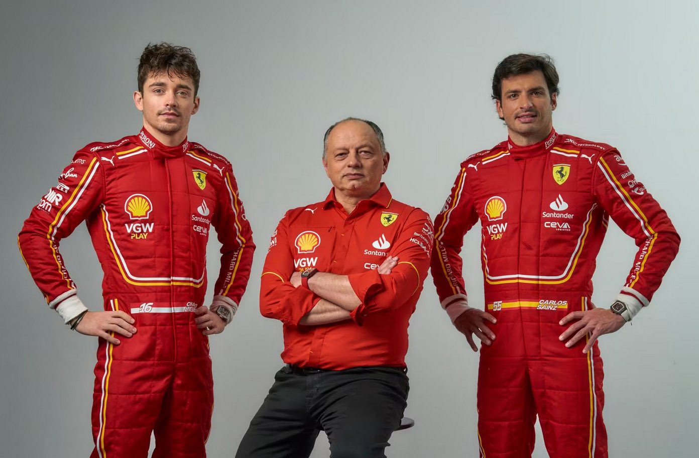 Charles Leclerc, Fred Vasseur, Carlos Sainz, Ferrari 2024