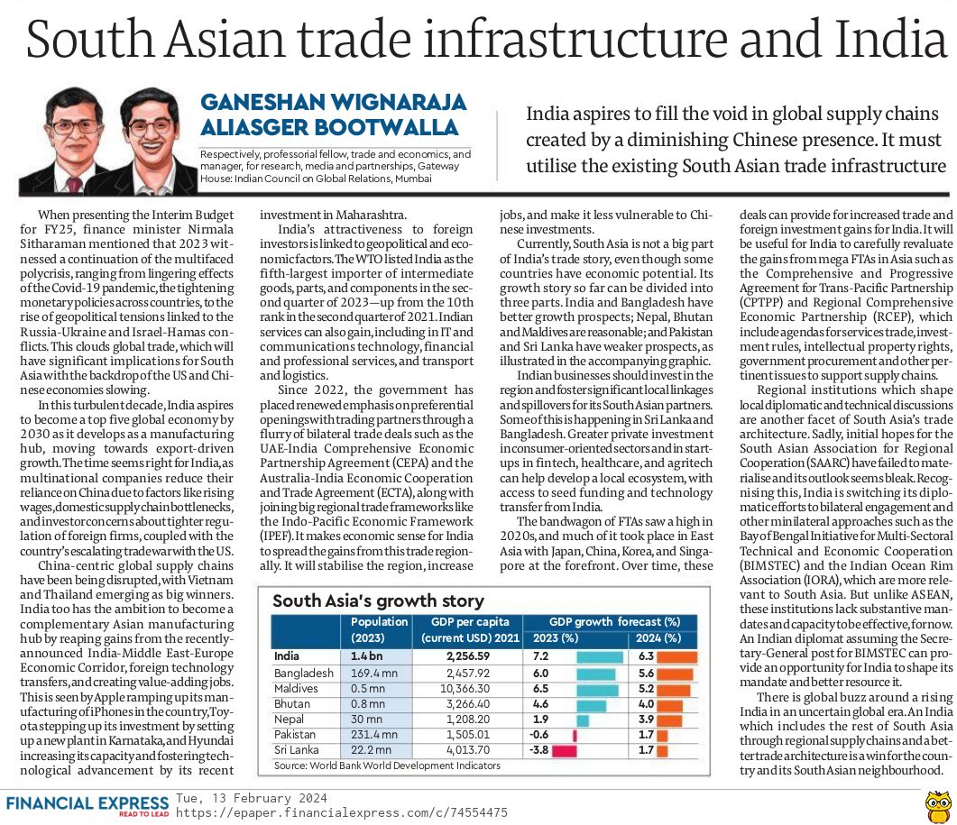 .#GaneshanWignaraja and I write in <a href="/FinancialXpress/">Financial Express</a>  on the need for a #SouthAsia #Trade architecture as #supplychains are moving from #China to South Asia.

This will be a win for #India and its #NeighbourhoodFirst Policy: financialexpress.com/opinion/south-…