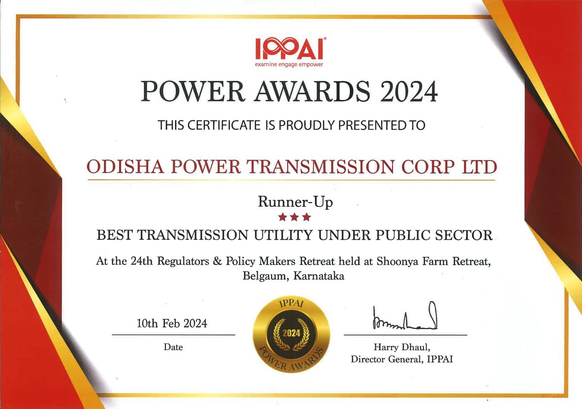 OPTCL Conferred with IPPAI POWER AWARDS 2024-Best Transmission Utility Under Public Sector (Runners Up) at the 24th Regulators & Policy Makers Retreat, Belgaum, Karnataka @CMO_Odisha @EnergyOdisha